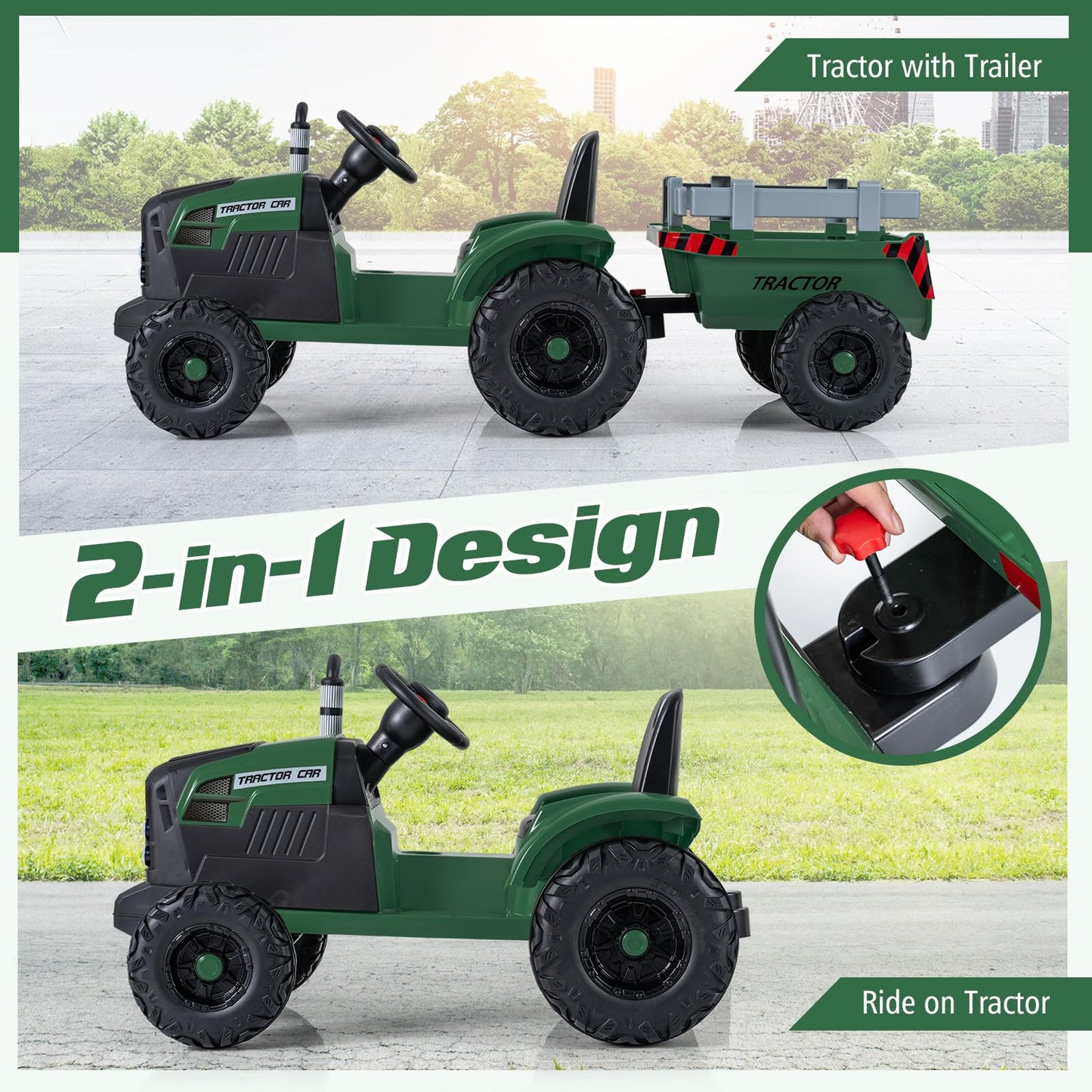 24V Ride On Tractor with Detachable Trailer for Kids