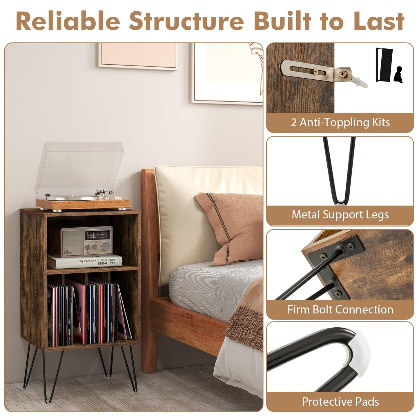 3 Tier Record Player Stand with Charging Station Shelf and 4 Dividers