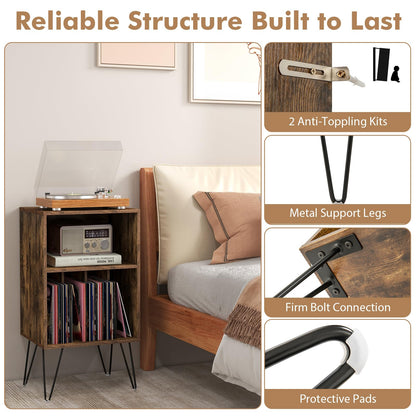 3 Tier Record Player Stand with Charging Station Shelf and 4 Dividers