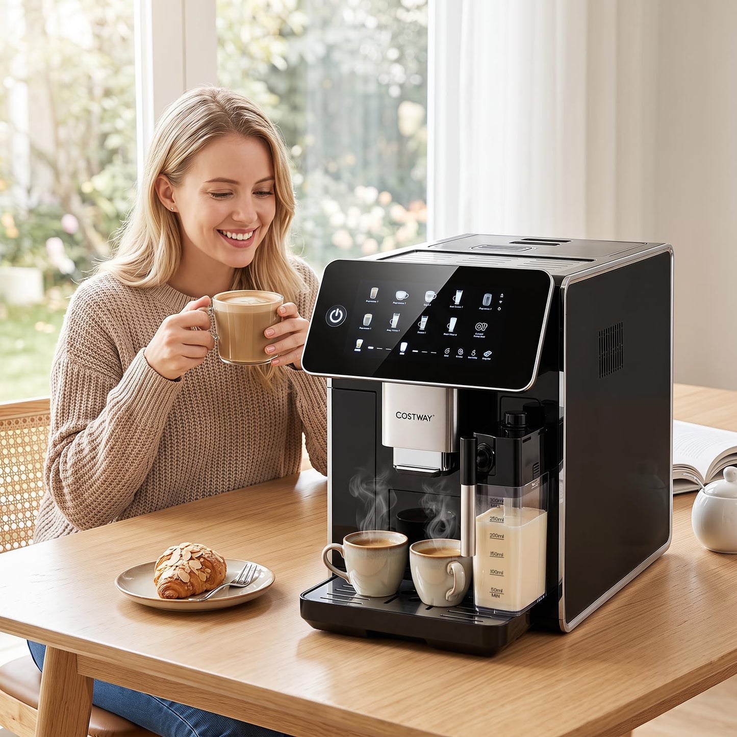 All-in-One Grind and Brew Coffee Maker with Milk Frother and Auto Self-Cleaning