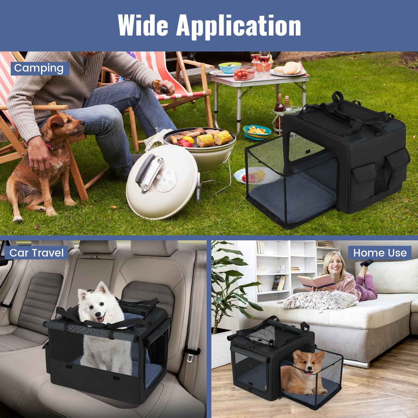 Foldable Soft Fabric Dog Cat Travel Crate with 2 Openings