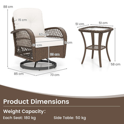 3 Pieces Patio Rattan Bistro Set with Cushions and Pillows