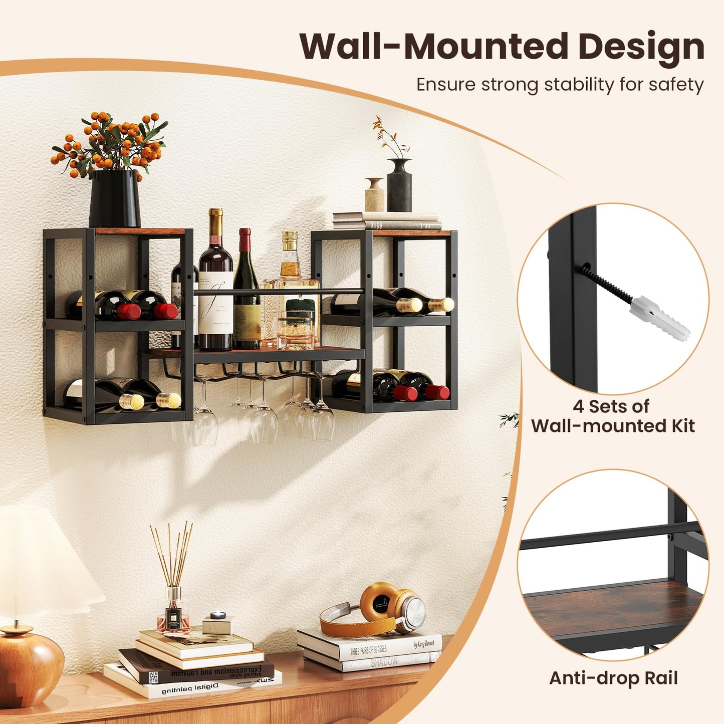 Wall Mounted Wine Rack, 3-Tier Metal Hanging Wine Rack