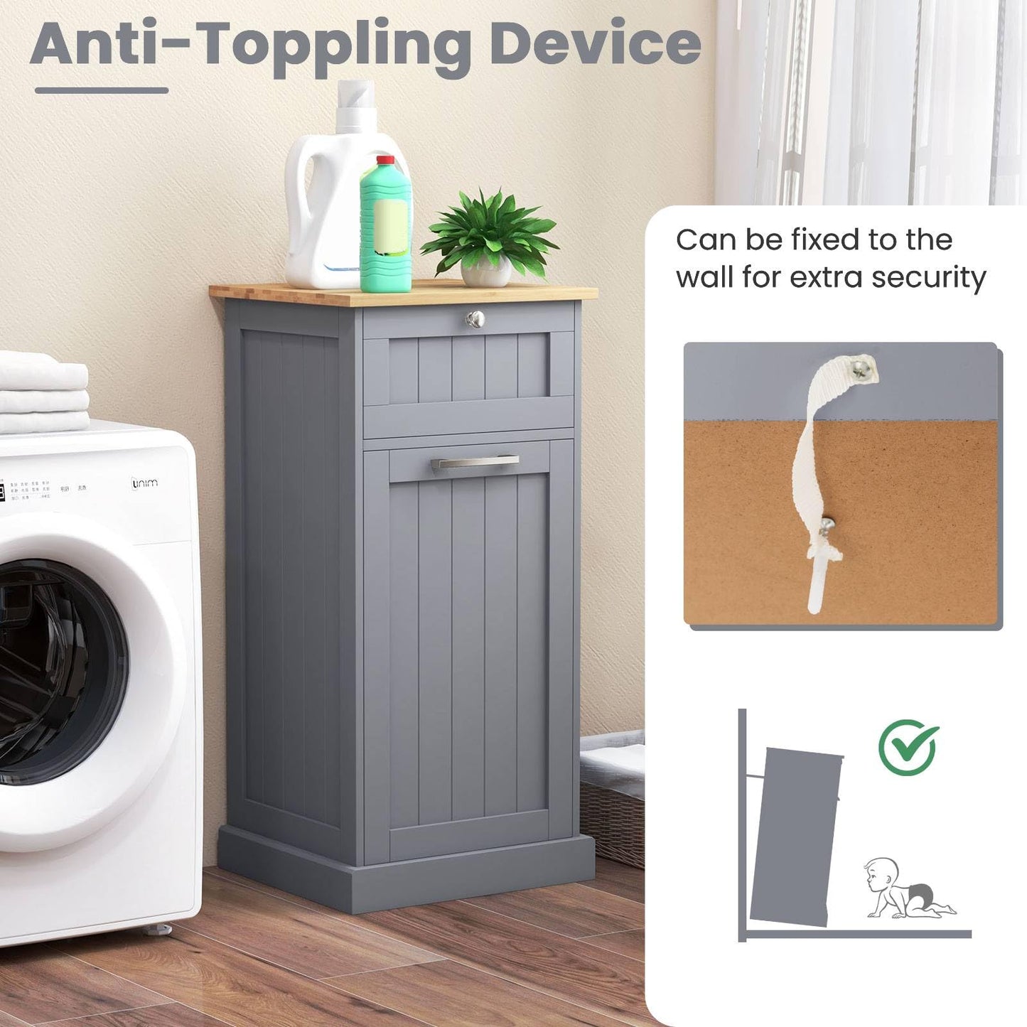 Laundry Cabinet with Basket Freestanding Tilt Out Laundry Hamper with Drawer