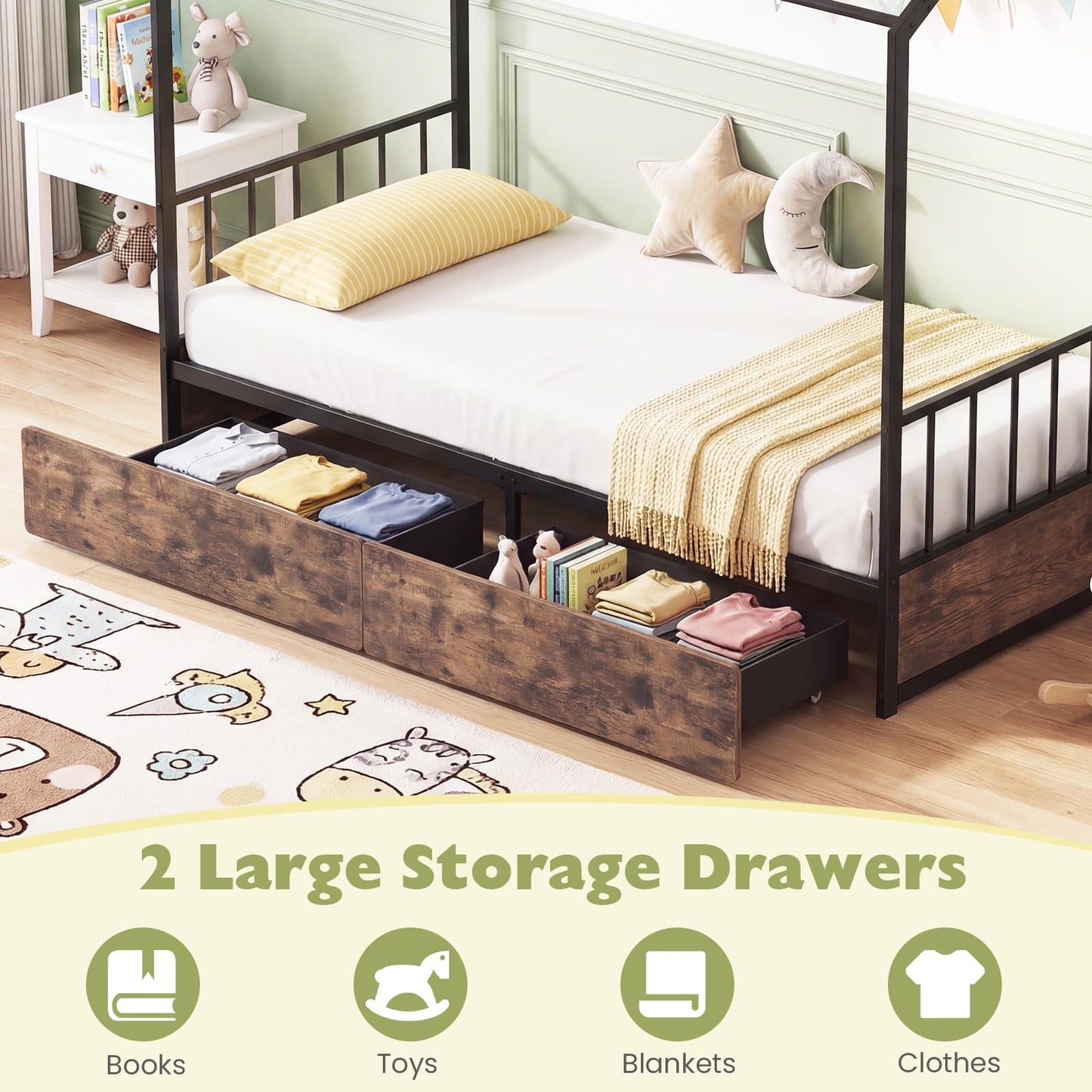 Kids Bed Frame, 3FT Single Size House Bed with Roof, 2 Drawers, Headboard & Footboard
