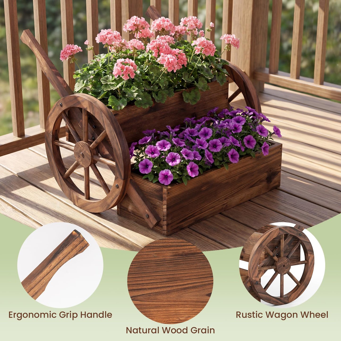 Wood Wagon Planter Box, 2-Tier Rustic Raised Garden Bed with Drainage Holes