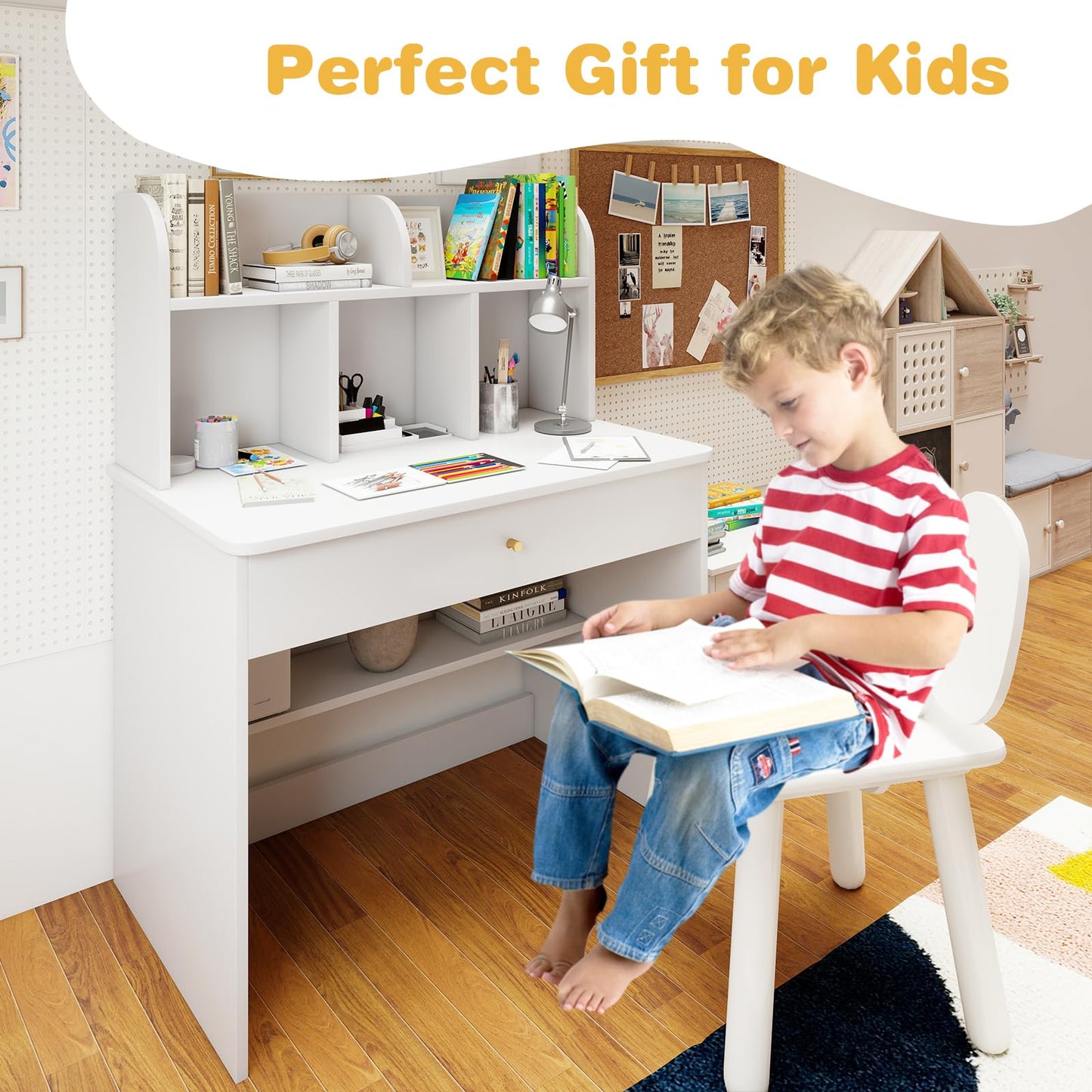 Kids Wooden Study Desk with Hutch and Drawer