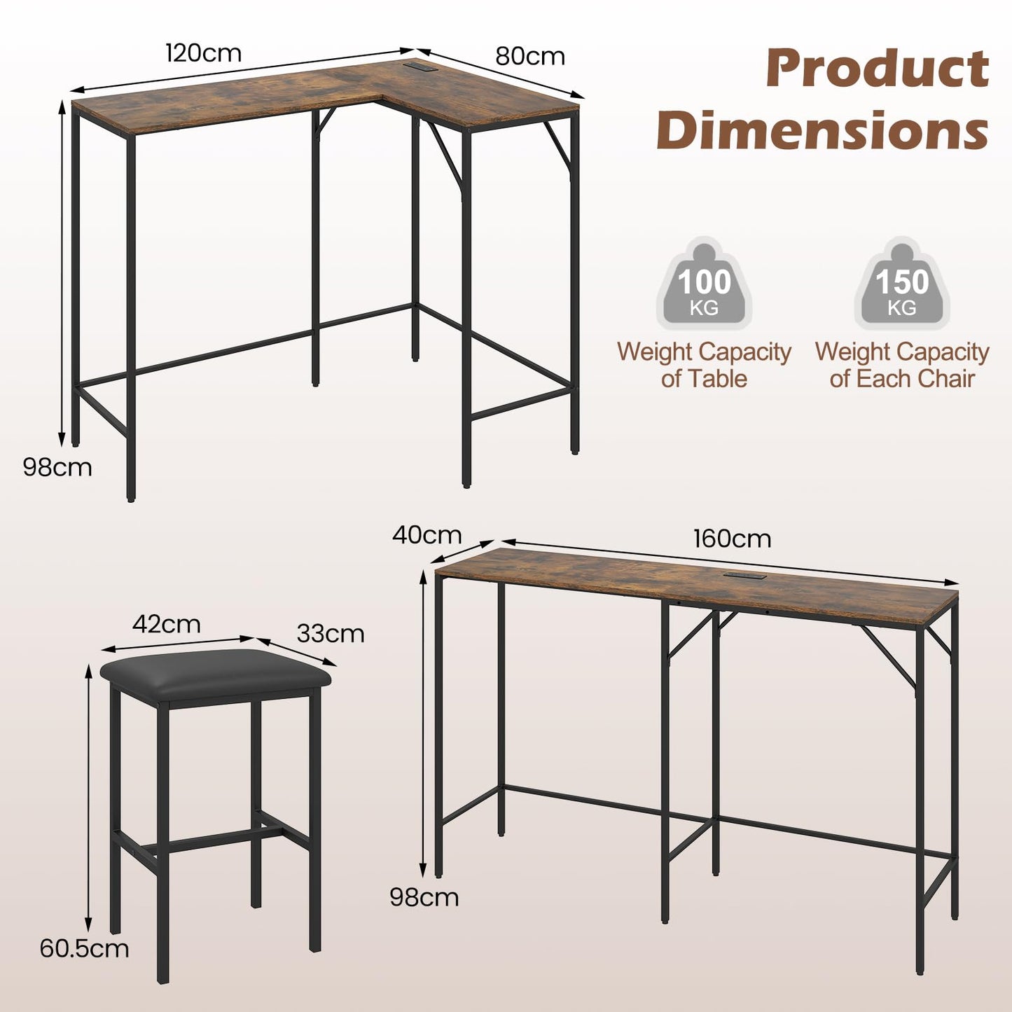 3-Piece Bar Table Set with Charging Station