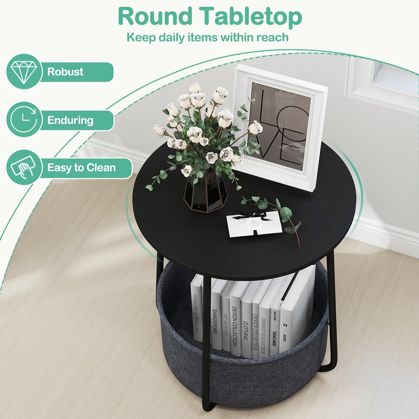 2-Tier End Table with Fabric Storage Basket and Metal Frame