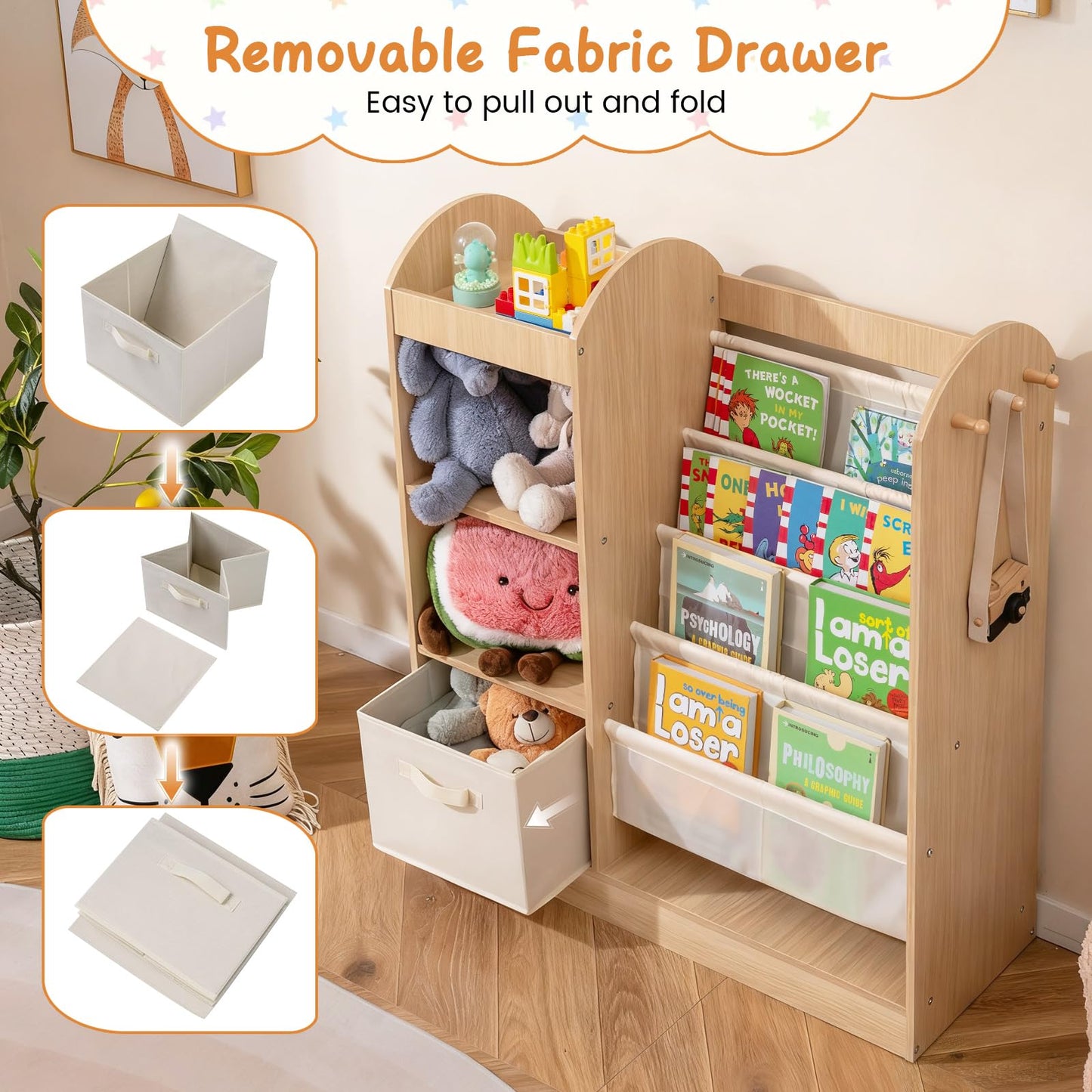 Kids Bookshelf, Toy Storage Organizer with Full-Length Mirror