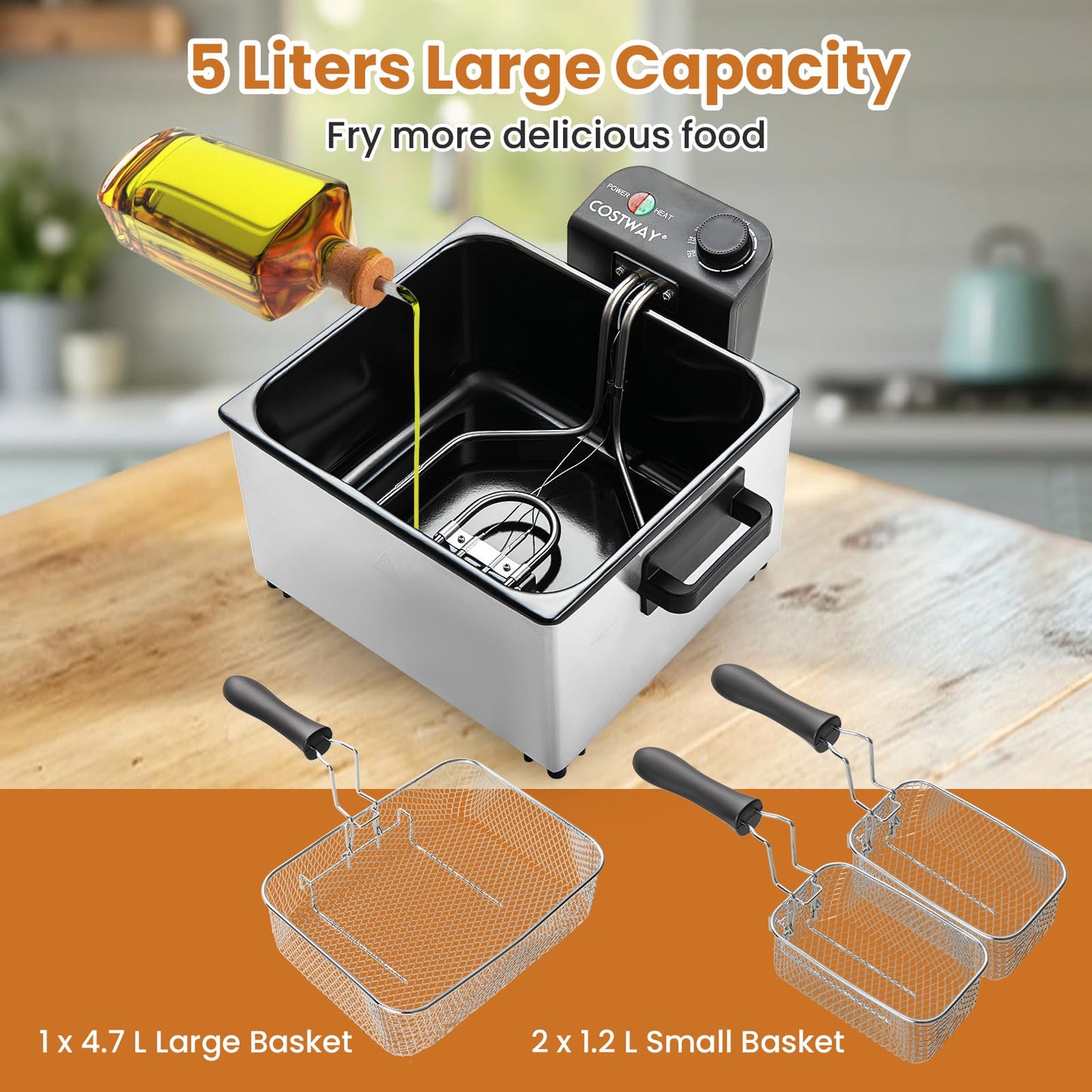 2000W Electric Deep Fryer Stainless Steel Countertop Frying Pot with 3 Baskets