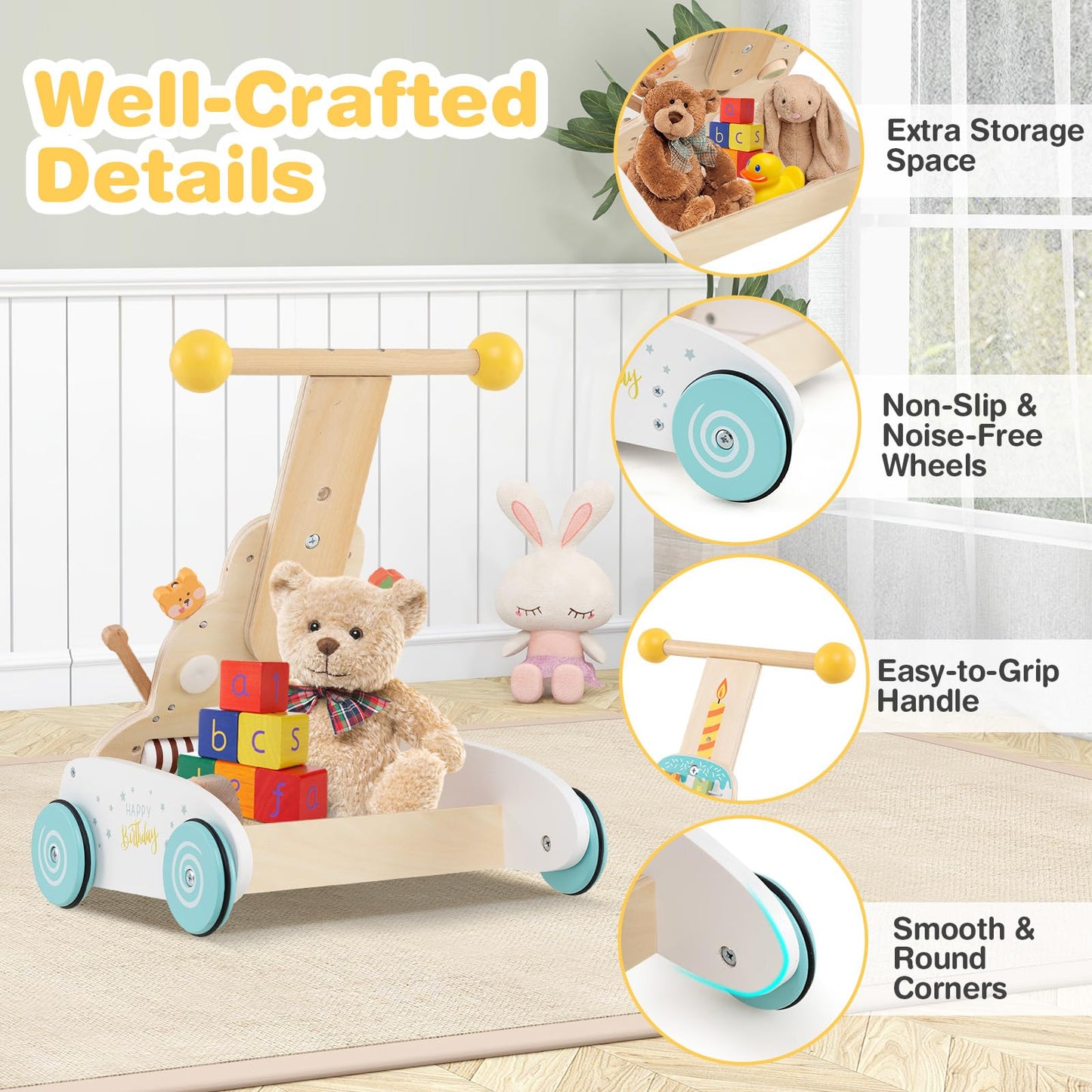Height Adjustable Wooden Baby Walker with Activity Center