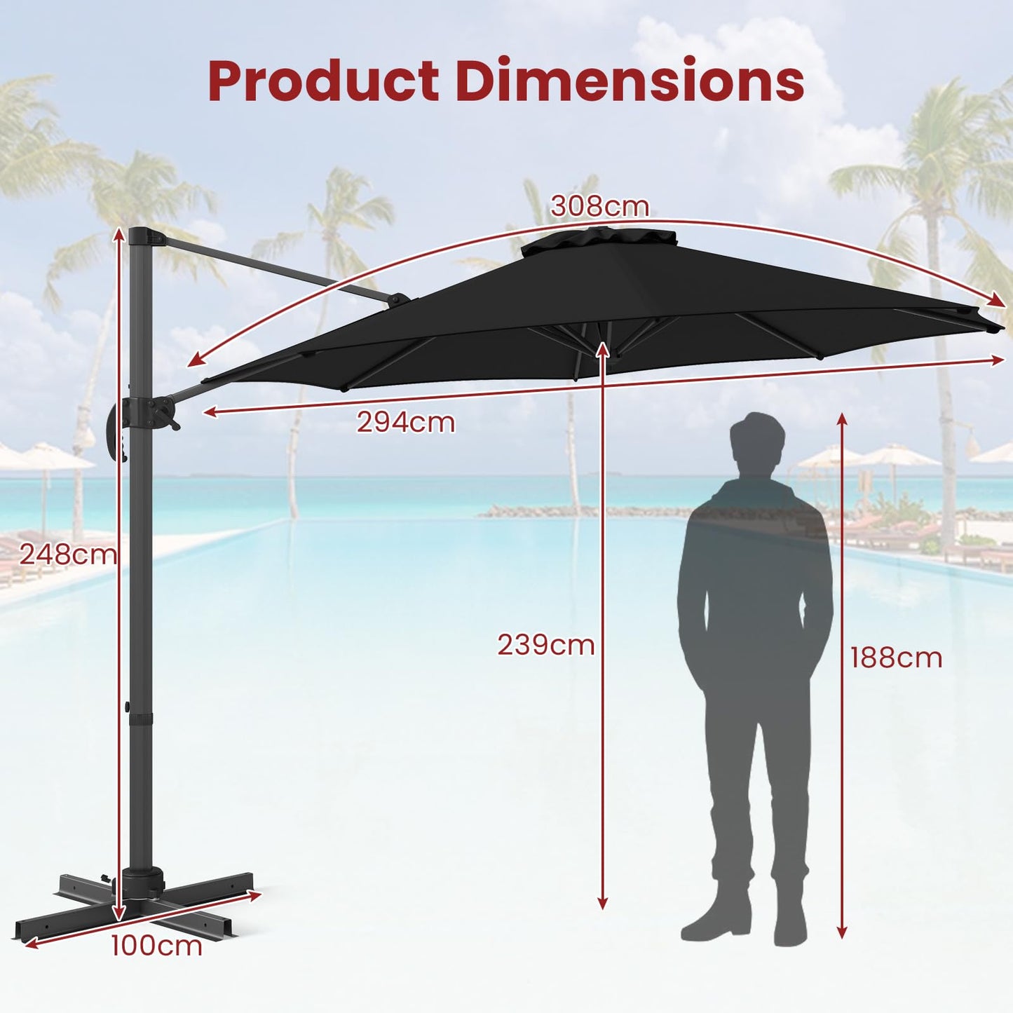 294 x 248 cm Round Outdoor Patio Umbrella Cantilever Umbrella with 360° Rotation for Backyard