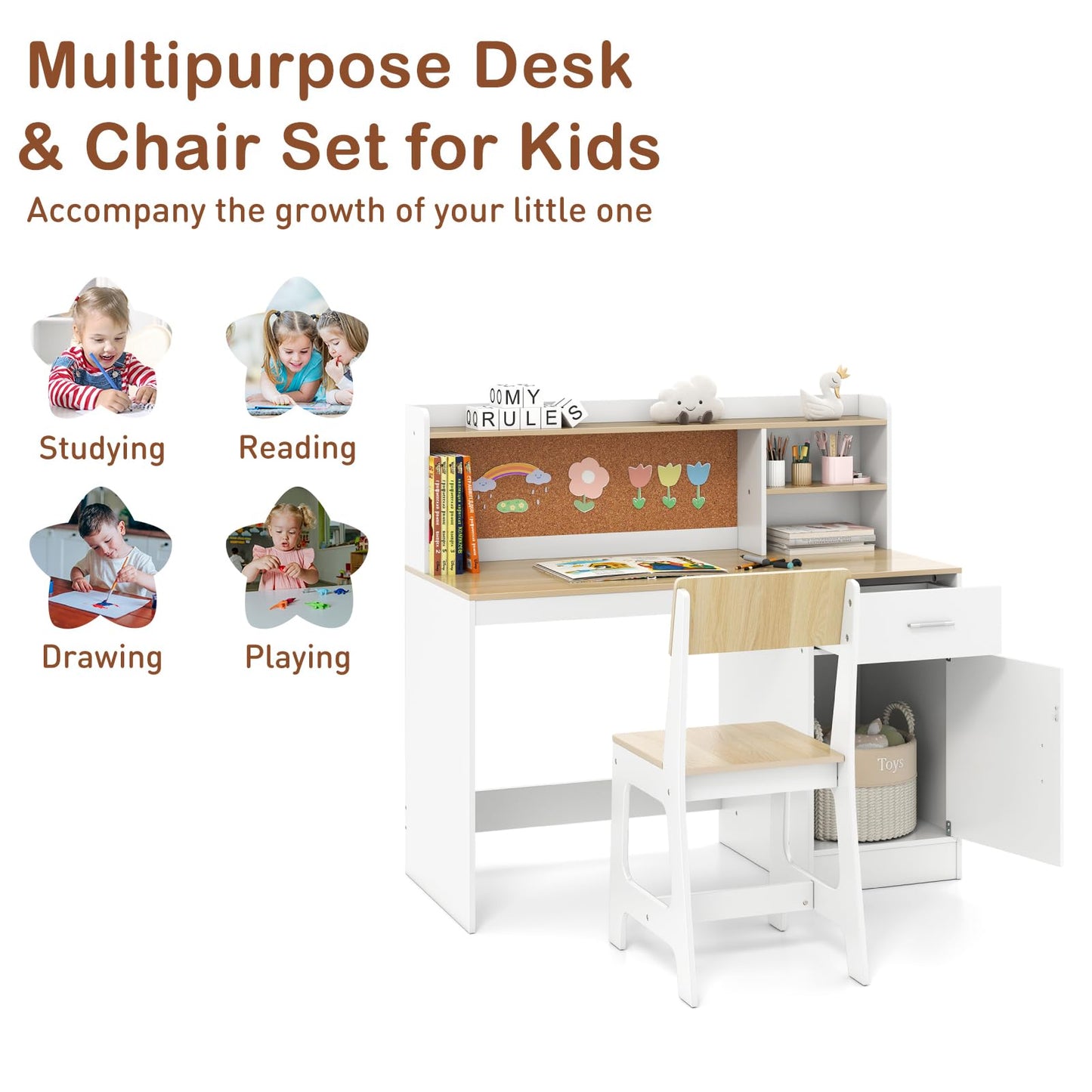 Kids Study Desk and Chair Set with Shelves and Storage Cabinet