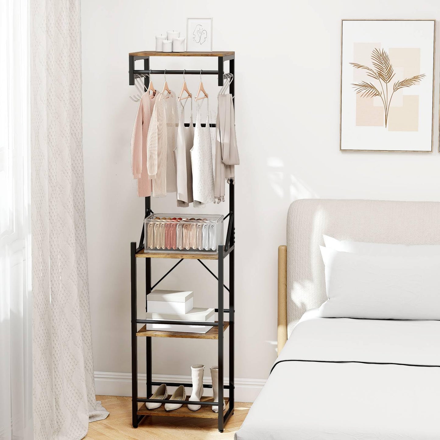 Freestanding Coat Rack Slim Hall Tree with 4 Storage Shelves