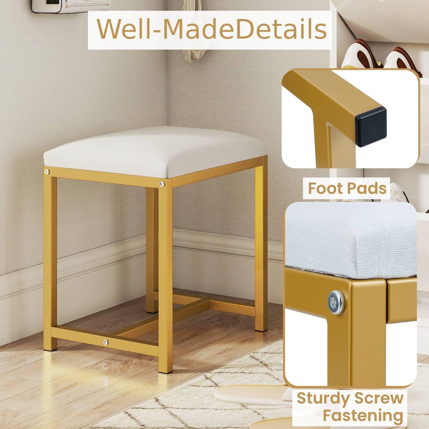 Small Makeup Chair with Soft Padded Cushion and Golden Metal Legs