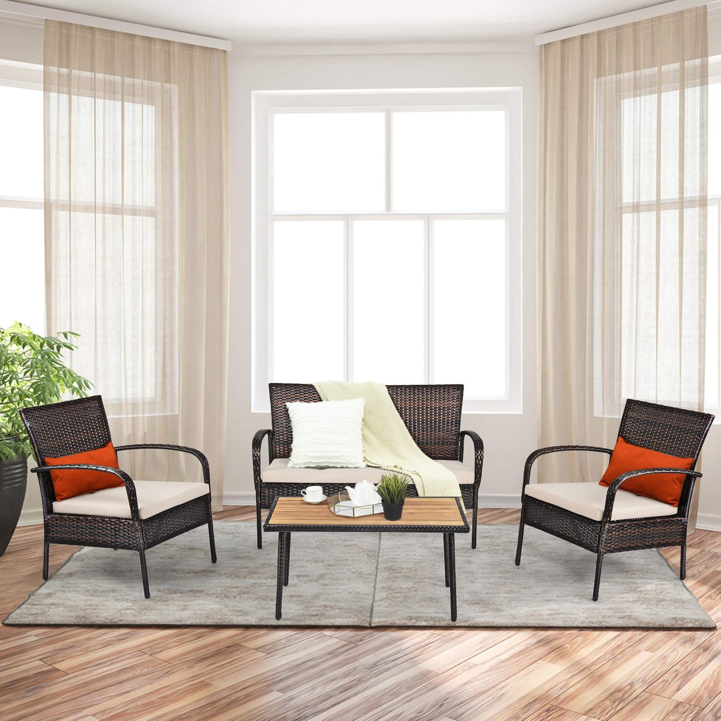 Giantex Garden Furniture Set 4 Piece Patio Conversation Set with Loveseat Coffee Table and 2 Armchairs