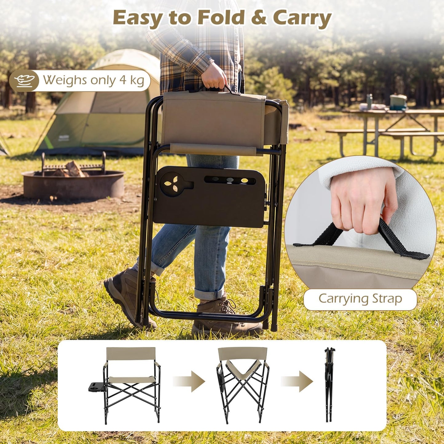 Folding Directors Chair, Oversized Camping Chairs with Side Table and Cup Holder