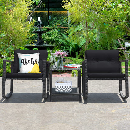 Giantex 3 PCS Garden Rocking Bistro Set PE Rattan Furniture Set with 2-tier Glass Table