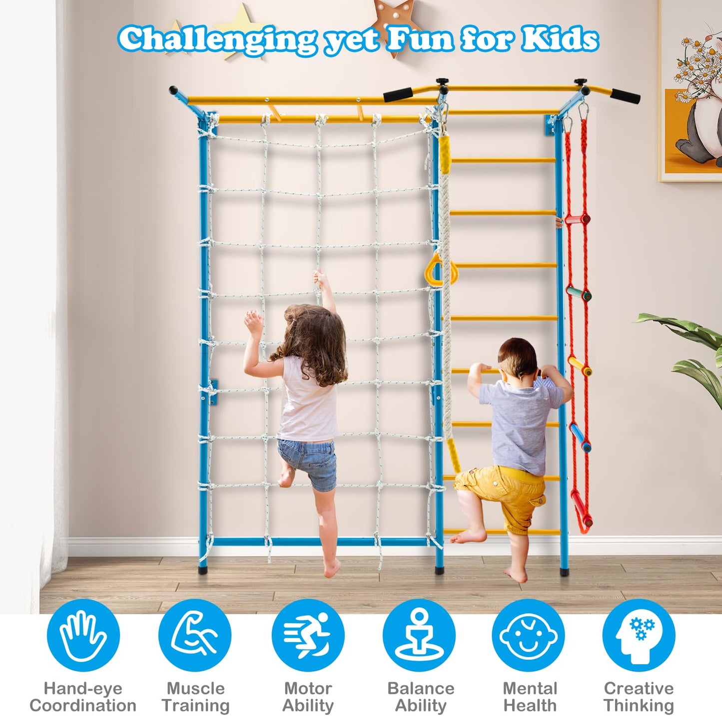 Metal Swedish Ladder Wall Bars for Kids with Gym Rings Climbing Net