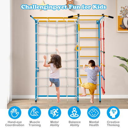 Metal Swedish Ladder Wall Bars for Kids with Gym Rings Climbing Net