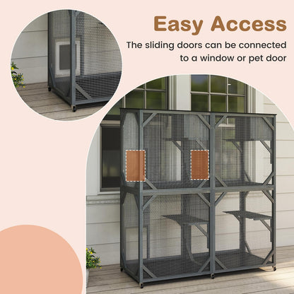 Spacious Fir Wood Outdoor Cat Enclosure with 2 Rest Nooks and 4 Activity Platforms