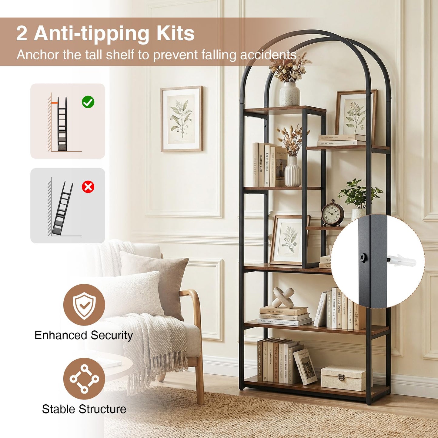 Arched Bookshelf, Metal Frame Bookcase Shelving Unit