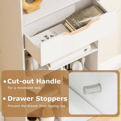 Tall Bookcase with Drawer, Open Cubes and Anti-toppling Kits, Floor Display Rack Storage Organizer