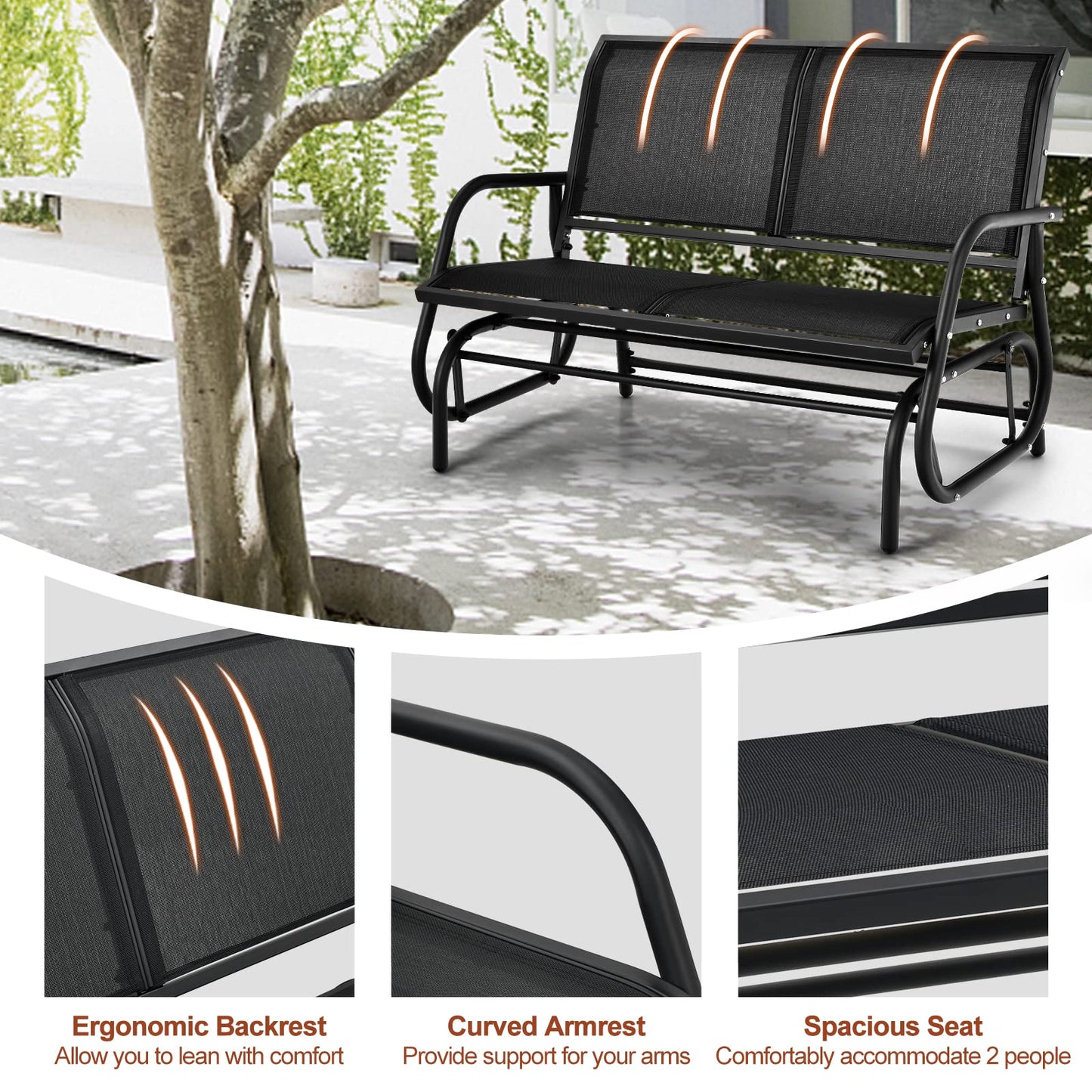 2-Person Outdoor Steel Frame Fabric Glider Bench