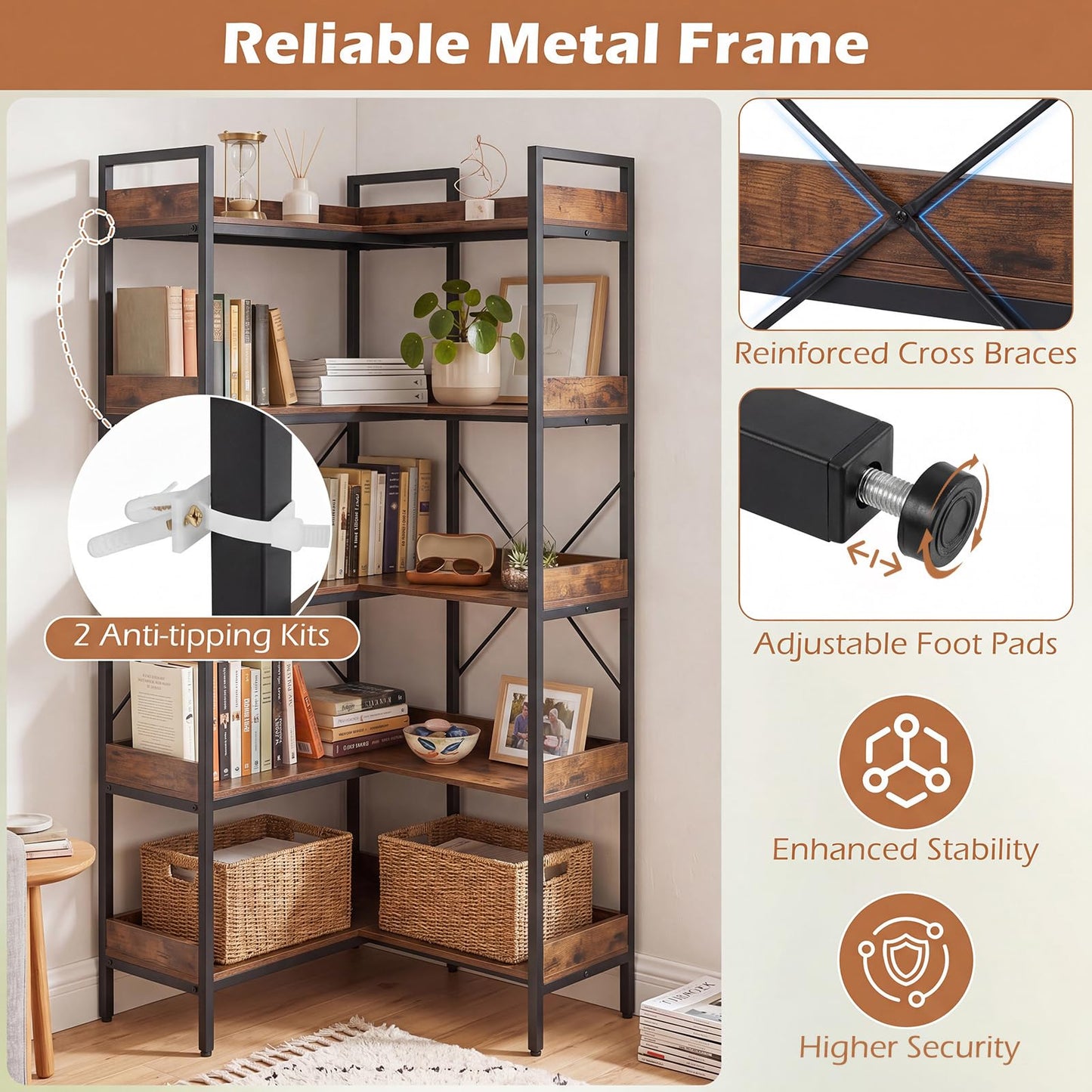 5-Tier Corner Bookshelf, 113cm Convertible L-shaped Bookcase