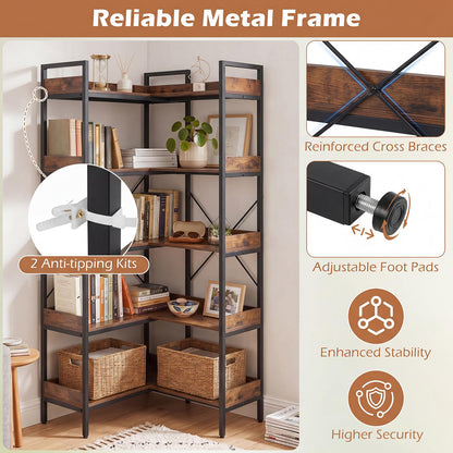5-Tier Corner Bookshelf, 113cm Convertible L-shaped Bookcase