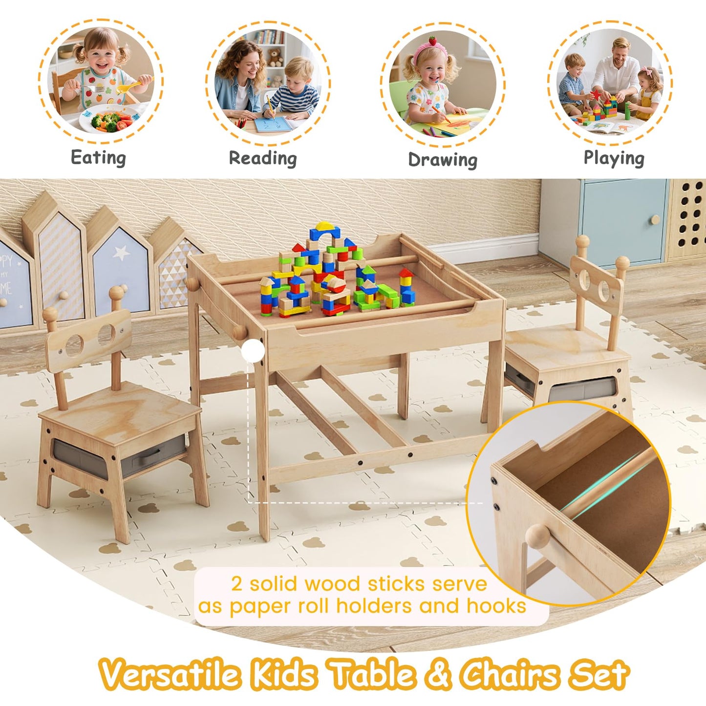 Kids Table and Chairs 4 in 1 Wooden Activity Desk Set (Robot Shape)