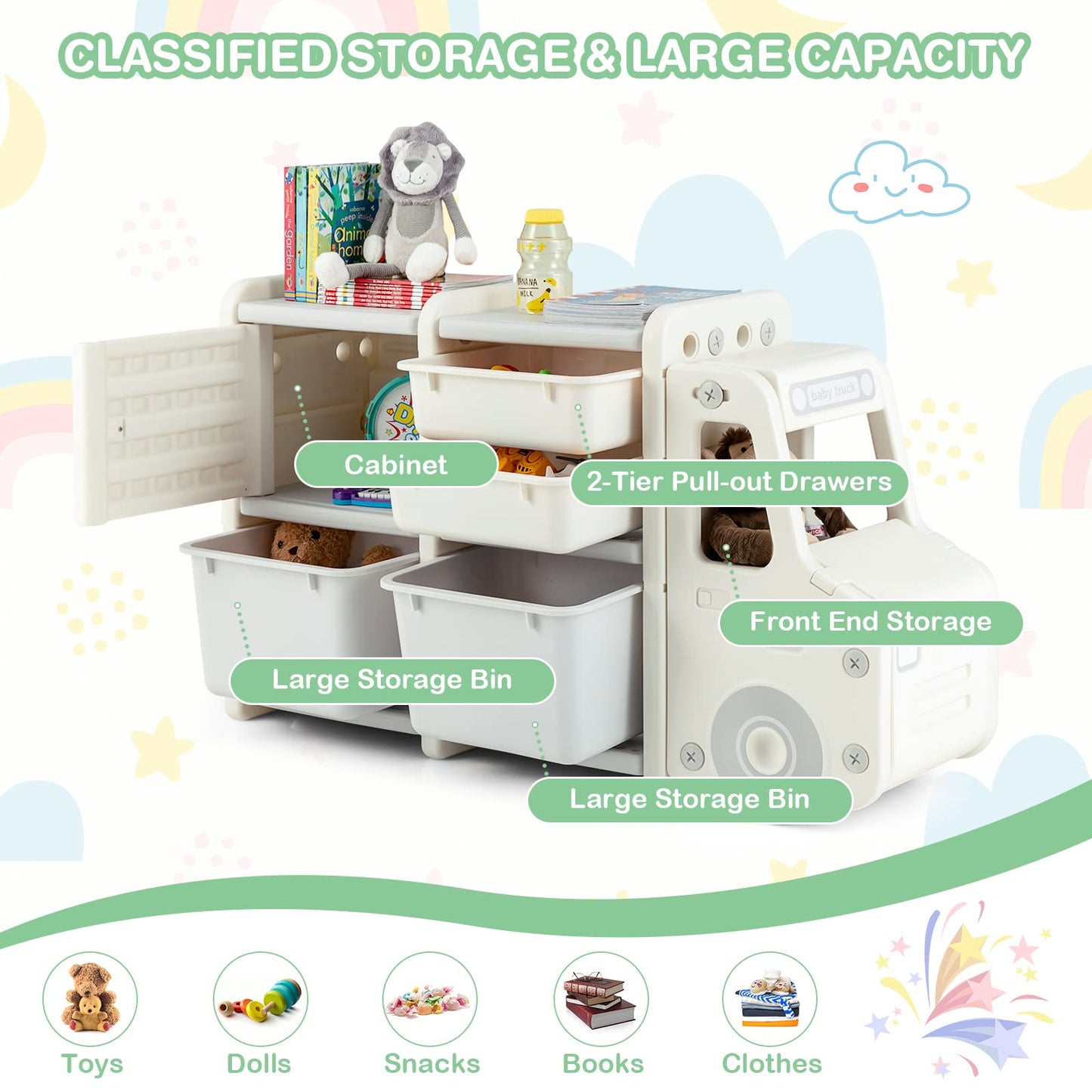Truck-shaped Toddler Storage Cabinet Kids Toy Organizer