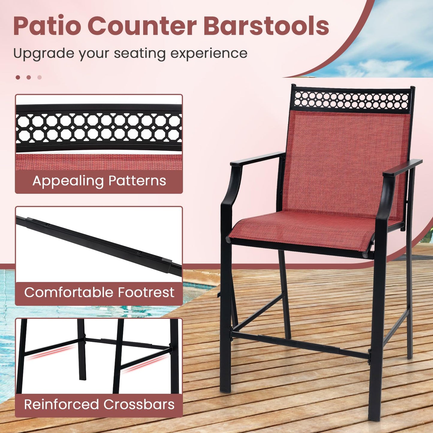 Fabric Outdoor Bar Stools Set of 2 with High Back Armrests & Footrest