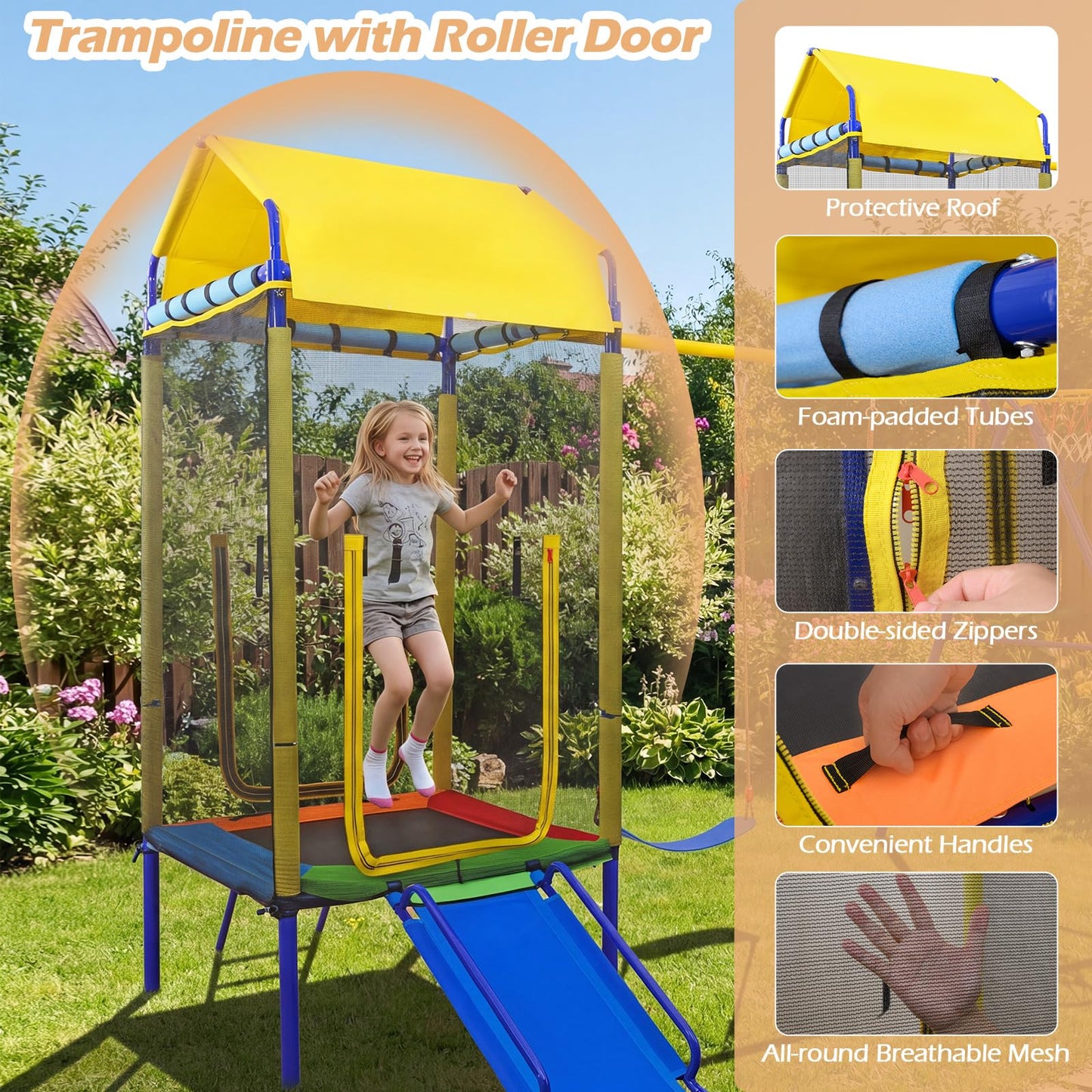 5-in-1 Kids Swing Set, Heavy-duty Metal Swing Stand with Trampoline, Roof