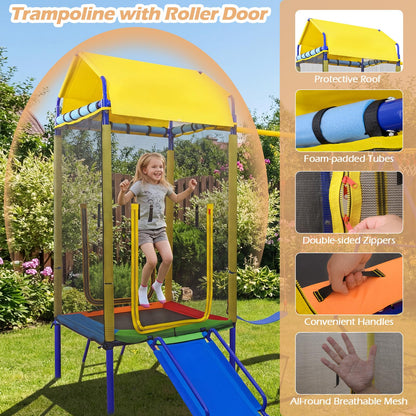 5-in-1 Kids Swing Set, Heavy-duty Metal Swing Stand with Trampoline, Roof