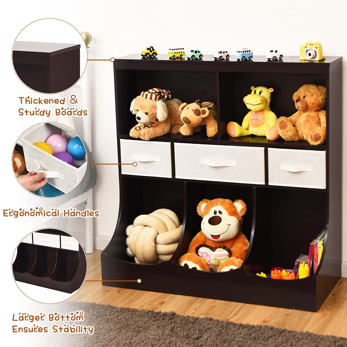 Toy Storage Organizer with 5 Open Cubes and 3 Removable Drawers