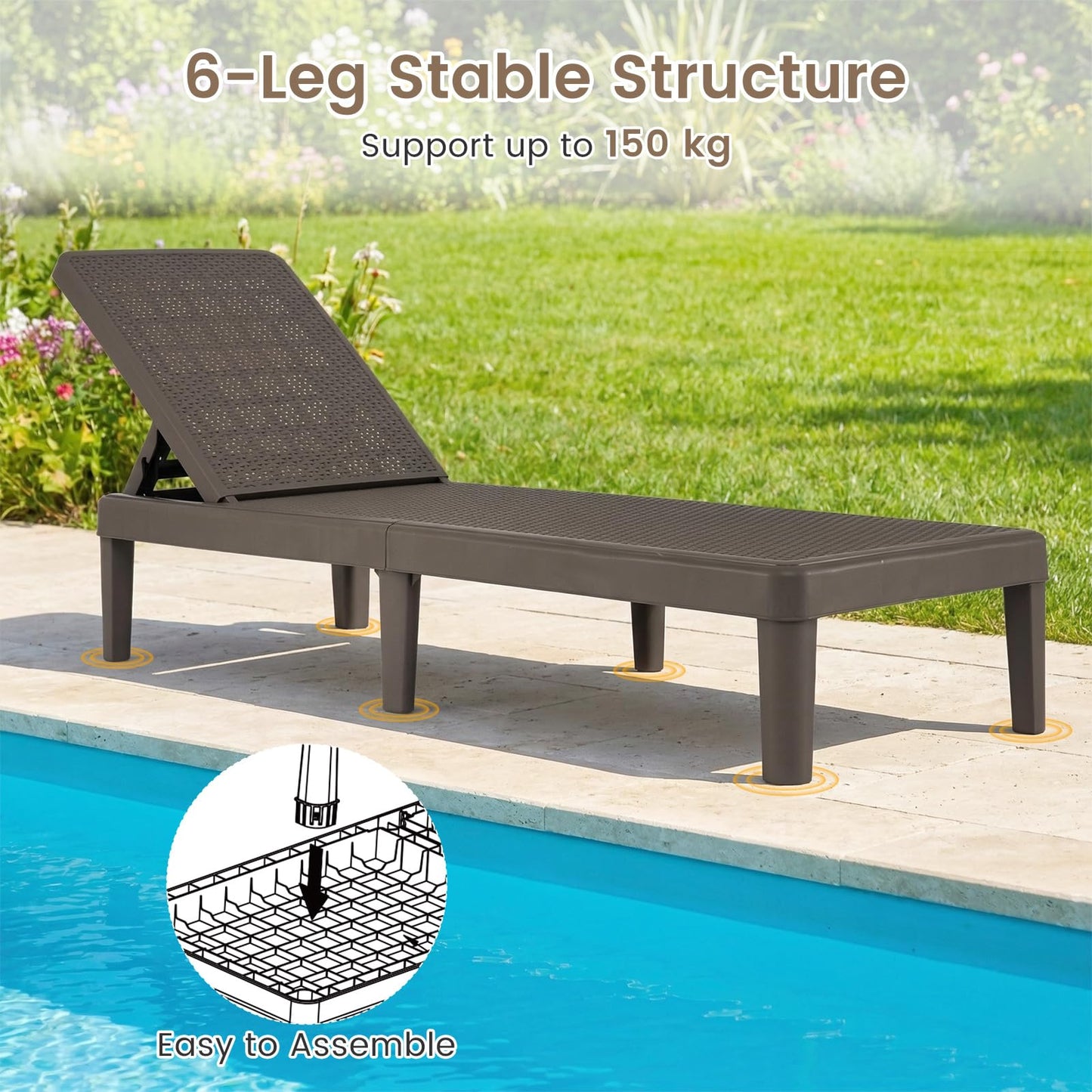 Garden Sun Lounger, PP Rattan-Style Patio Reclining Chaise Lounge Chair Deck Sunbed