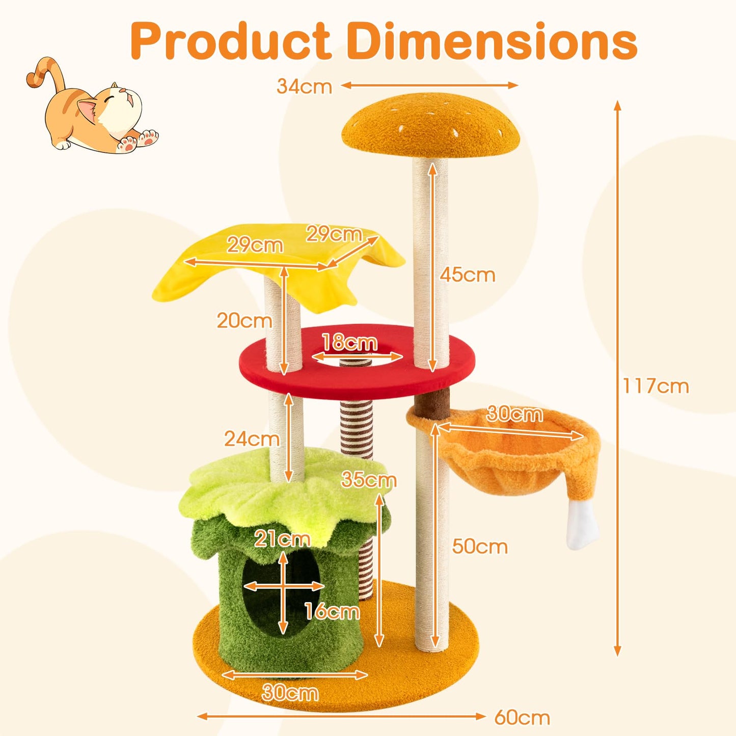Cat Tree, 117cm Hamburger-Theme Cats Tower, Indoor Multi-Level Kitten Climbing Stand Activity Center