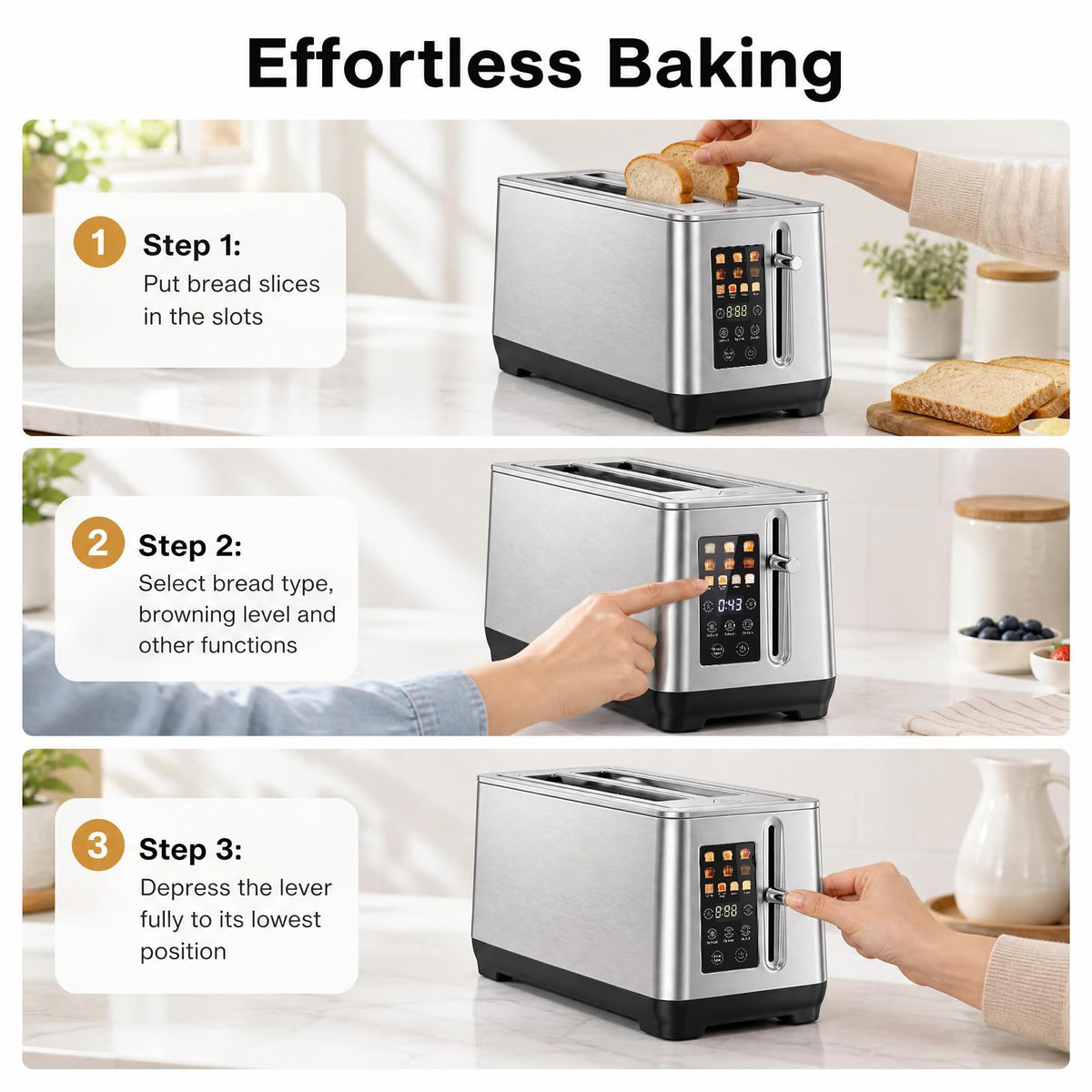 Stainless Steel Toaster with 6 Browning Levels and 4 Bread Types