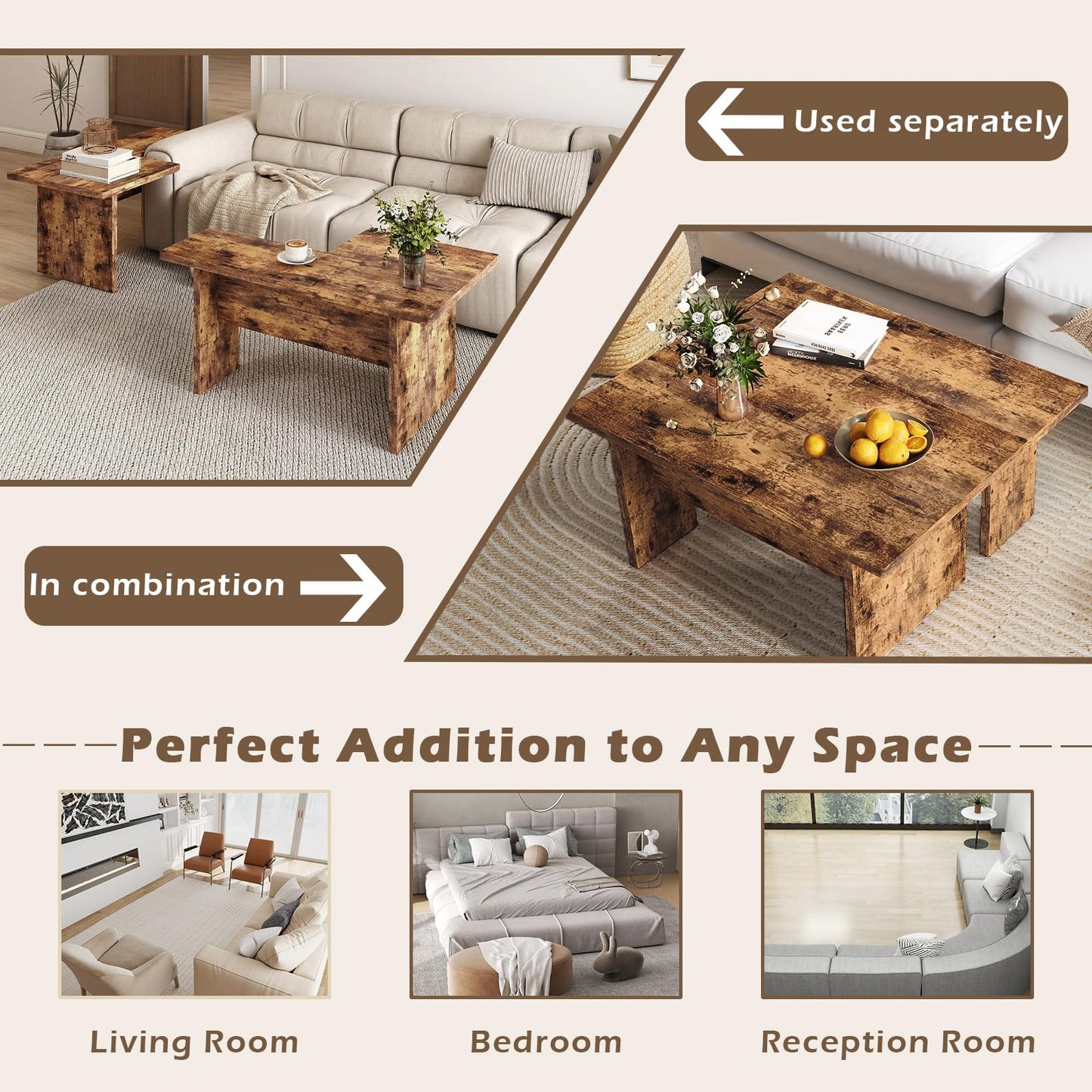 Modular Coffee Table Set of 2 L Shaped Center Tables for Small Space