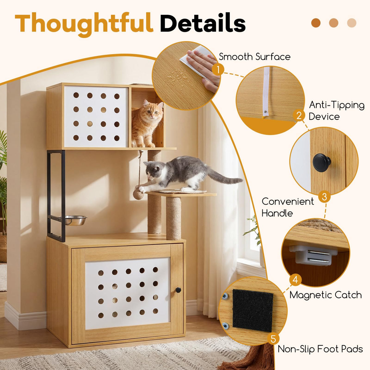 117.5 cm Modern Cat Tower Cabinet with Sisal Scratching Posts and Hanging Ball