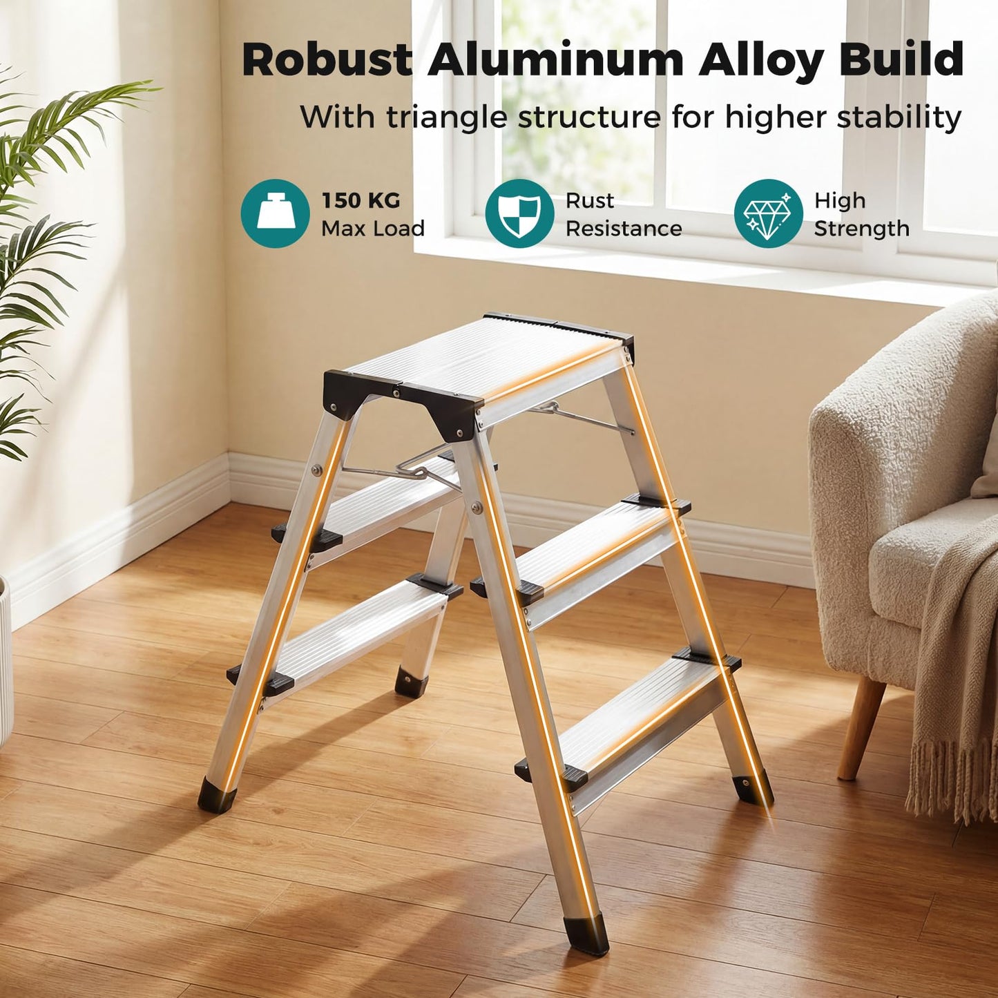 Dual-Sided 3 Step Ladder, Aluminum Folding Step Stool