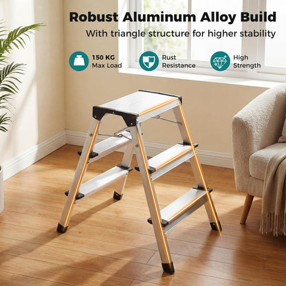 Dual-Sided 3 Step Ladder, Aluminum Folding Step Stool