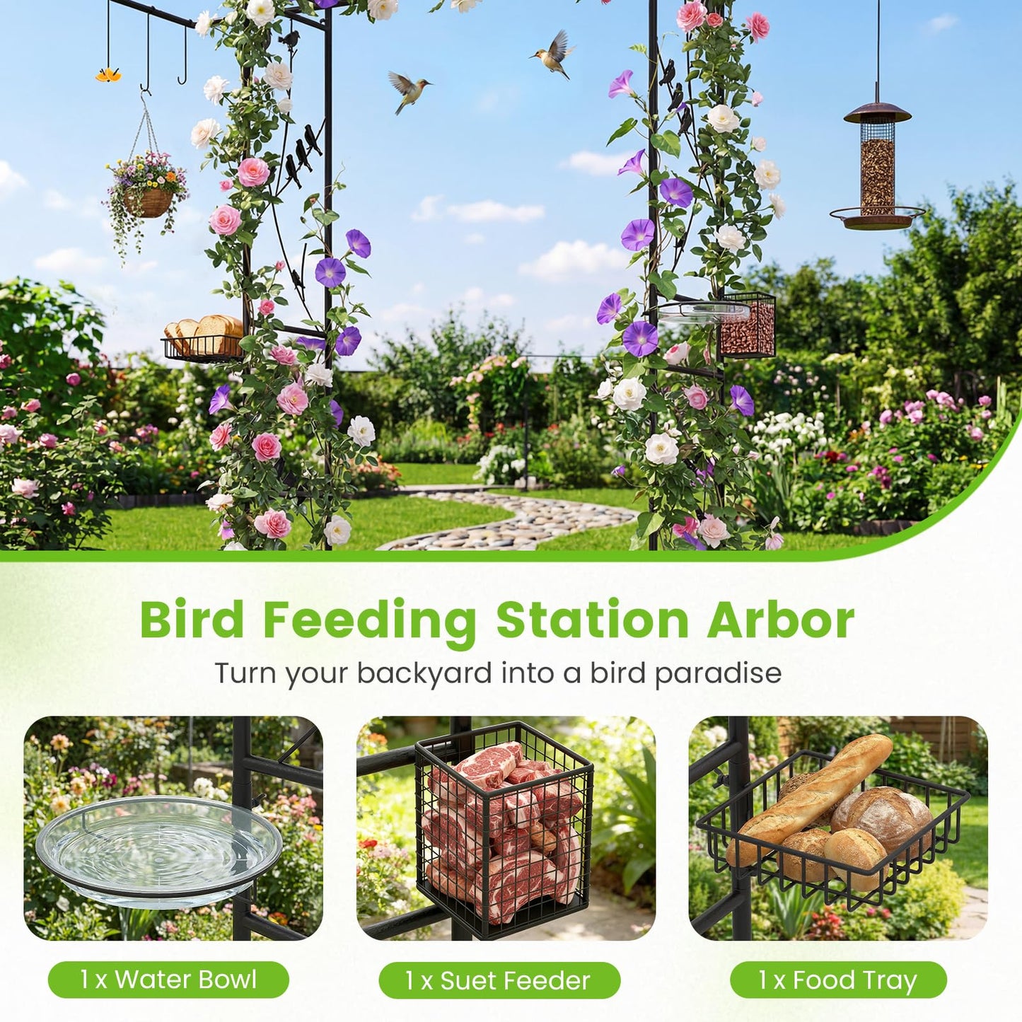213cm Garden Arbor Feeding Station with Water Bowl and Mesh Tray