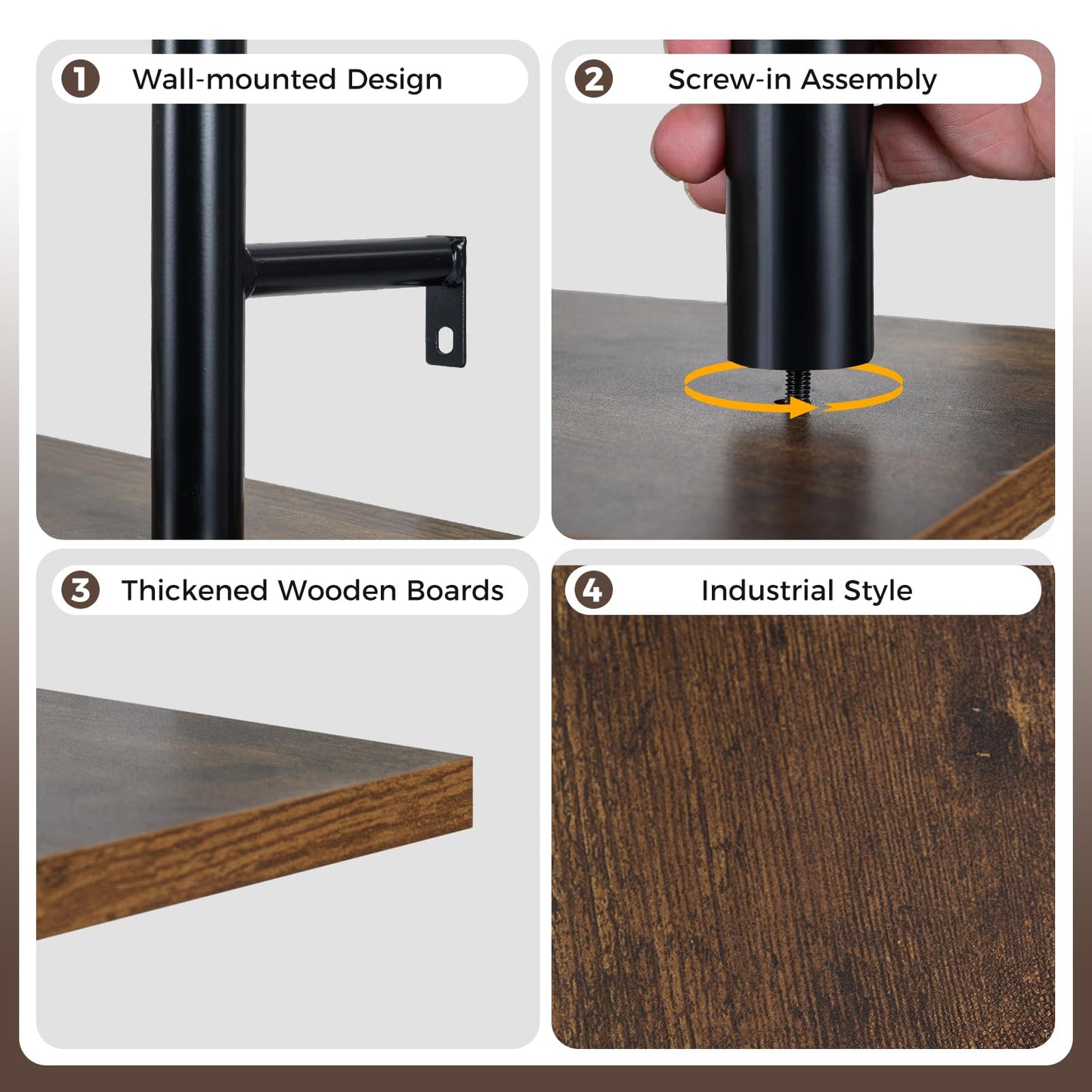 3-Tier Industrial Floating Shelves for Wall with 4 S-Shaped Hooks