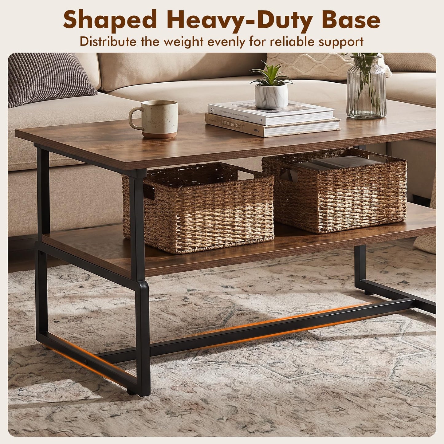 2-Tier Coffee Table, Industrial Rectangle Cocktail Center Table with Storage Shelf
