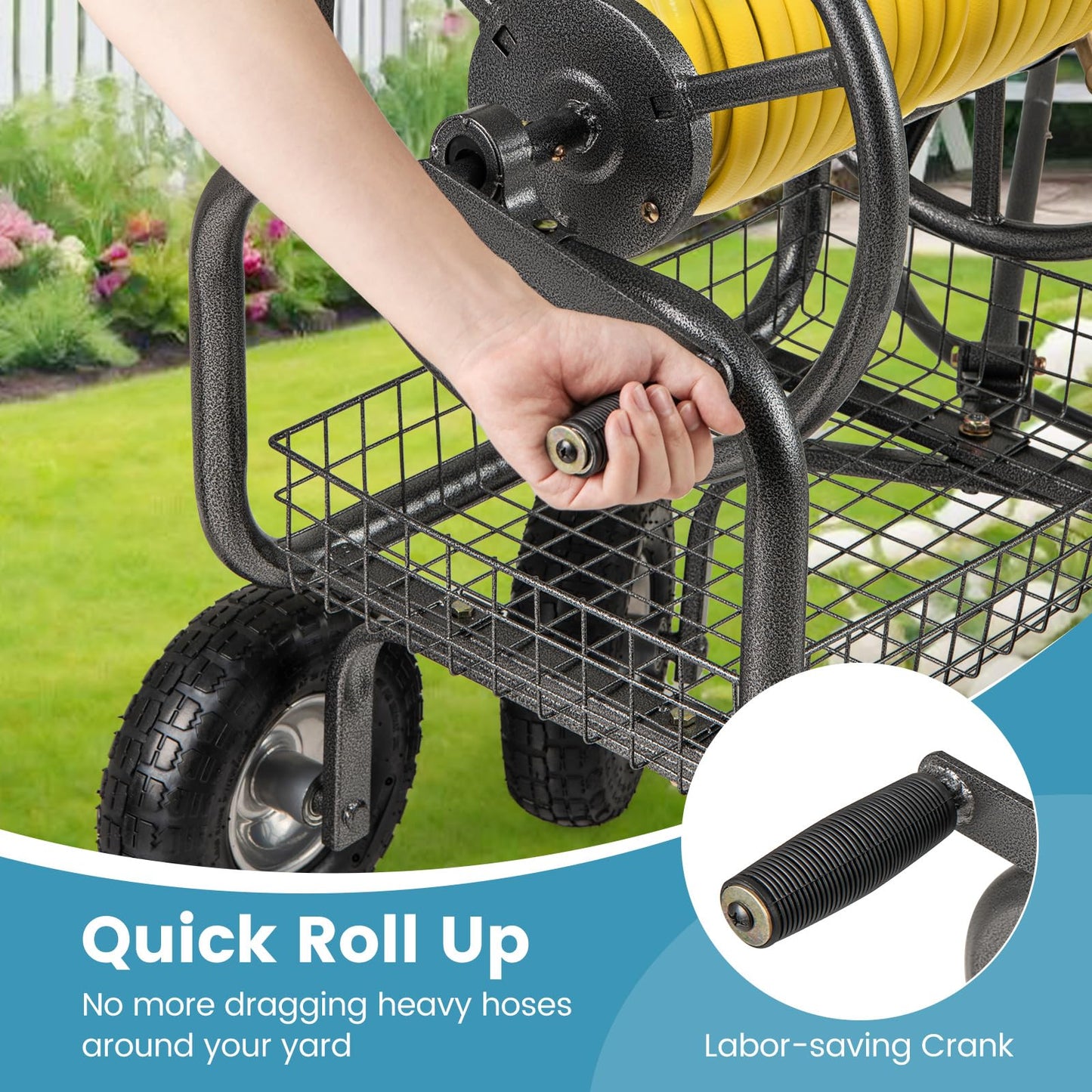 Garden Hose Reel Cart with 4 Wheels, Storage Basket & Crank Handle