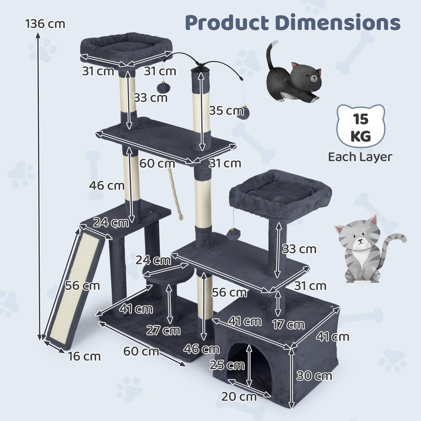 Cat Tree, 136cm Tall Multi-Layer Cats Tower with 2 Padded Perches