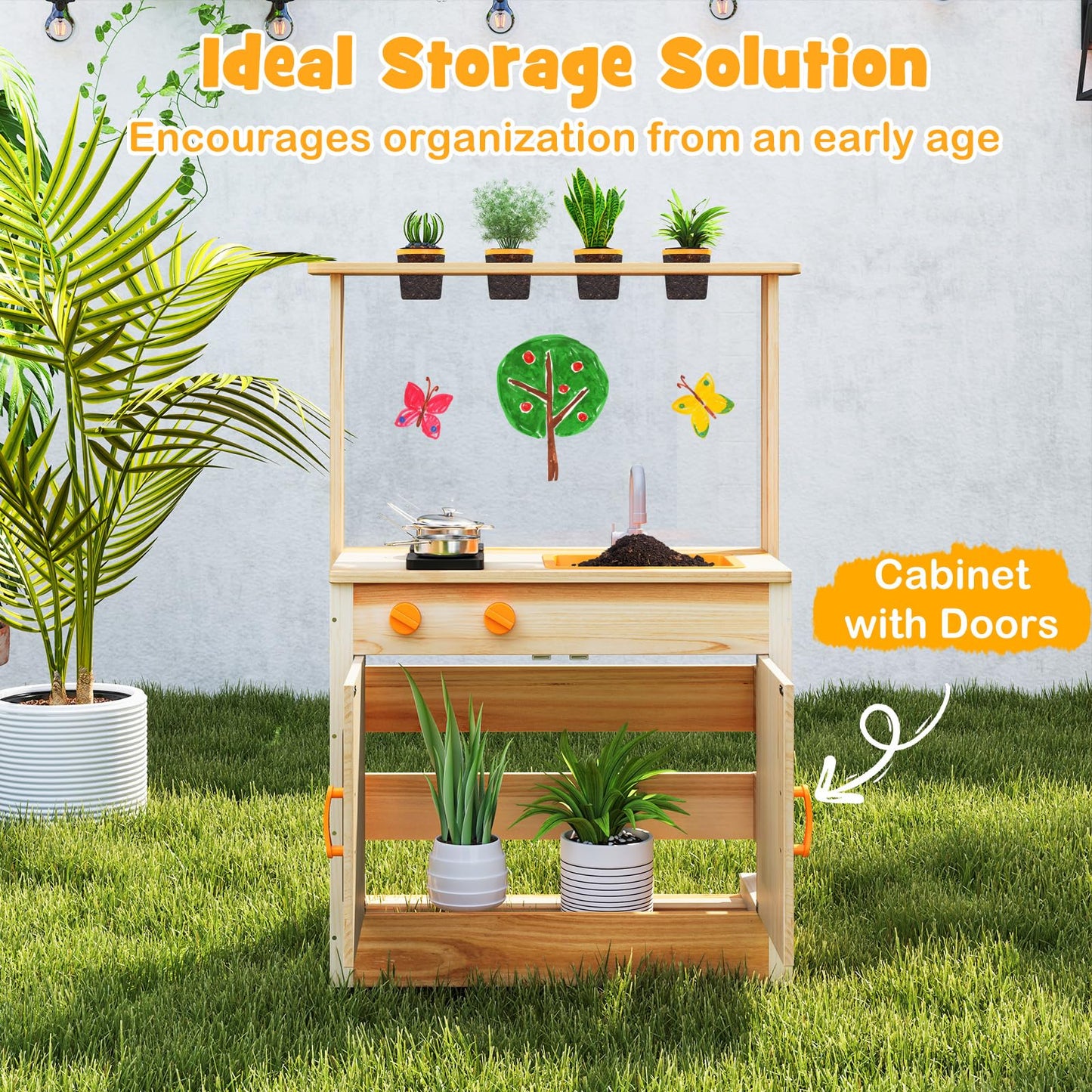 Fir Wood Play Kitchen with Planting Pots and Removable Sink for Backyard Garden
